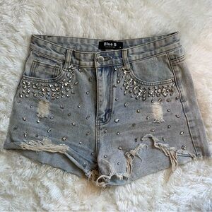 Blue B Bedazzled Denim Distressed Shorts